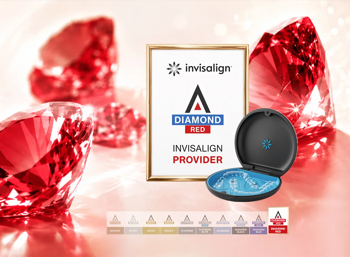 연세꿈꾸는치과 강동둔촌점이 받은 인비절라인 다이아몬드 레드(Diamond Red) 프로바이더 인증패와 인비절라인 투명교정 장치, 브론즈부터 다이아몬드 레드까지 인비절라인 등급표